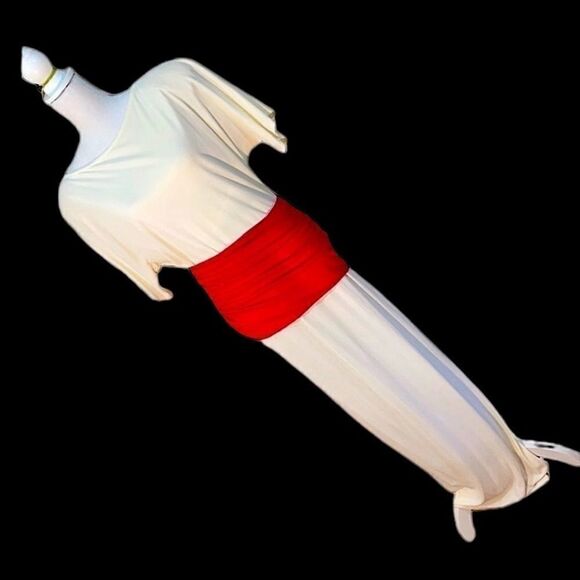 Jackie Rogers Grecian Style Cream maxi Dress, red waist band, neck tie, Medium - Picture 3 of 13